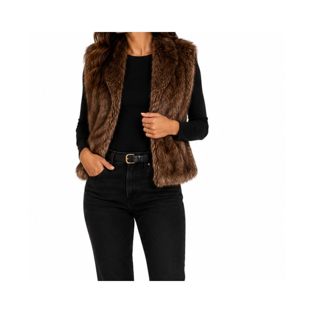 Joseph A Sweater Vest Womens Size L Brown Faux Fur Open Front Shaggy Cozy Warm